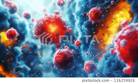 Macro of infected virus cells breaks down the body that moves within the body to destroy various cells in the human body, causing infection and disease. visible through a microscope 116259928