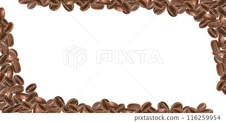 Dark roasted coffee beans. Dense arrangement of grains. Horizontal frame with aroma ingredient for popular drink. Empty space for your text. Watercolor illustration for package, label, logo Dark roasted coffee beans. Dense arrangement of grains. Horizontal frame with aroma ingredient for popular drink. Empty space for your text. Watercolor illustration for package, label, logo 116259954