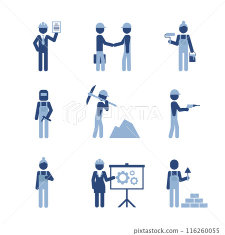 Isolated vector icons set of dark blue pictogram men in reflecting vest and white safety helmet, white background. 116260055