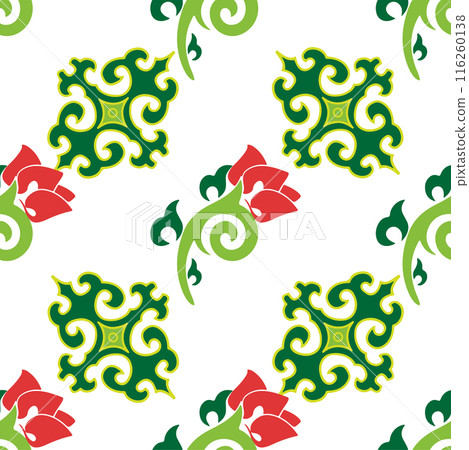 Floral pattern Tatar Native Ornamental border with tulips. Culture of the Tatar people, symbols of green and red 116260138