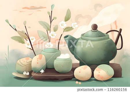 Green teapot with floral decoration and mochi sweets on light background 116260156