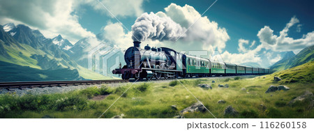 Steam train traveling through scenic mountain landscape with blue sky and clouds 116260158