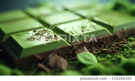 Close-up of green matcha chocolate bar with crumbs on top and mint leaves 116260165