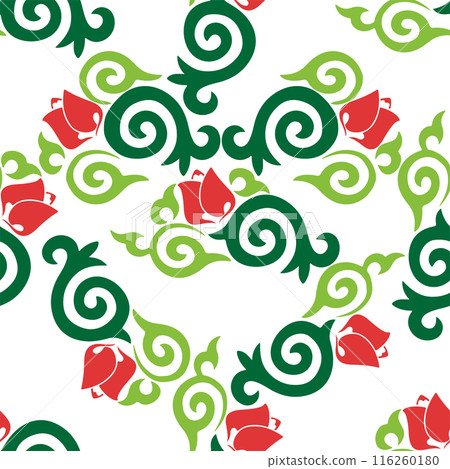 Floral pattern Tatar Native Ornamental border with tulips. Culture of the Tatar people, symbols of green and red Floral pattern Tatar Native Ornamental border with tulips. Culture of the Tatar people, symbols of green and red 116260180
