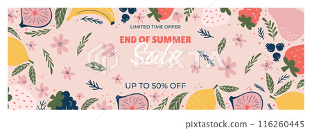 Vibrant banner with End of Summer Sale text, on a soft pink background adorned with illustrated fruits, flowers, and leaves like lemons, figs, strawberries, blueberries, and pink and green foliage Vibrant banner with End of Summer Sale text, on a soft pink background adorned with illustrated fruits, flowers, and leaves like lemons, figs, strawberries, blueberries, and pink and green foliage 116260445