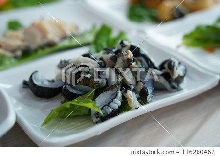 Sea cucumber raw fish, called wild ginseng of the sea, is enjoyed in Asian countries including Korea 116260462