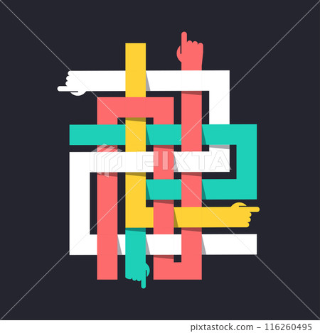 Four colorful hands are tangled. Isolated vector illustration. Four colorful hands are tangled. Isolated vector illustration. 116260495