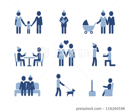 Mother and child, nanny watching baby, family vector icons set. Pictograms family moments of life. Parents and children icons. 116260596