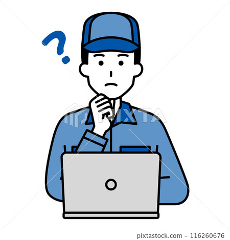 A man in overalls working on a laptop thinking of ideas 116260676