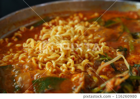 Korean food culture of eating ramen with fish stew seasoned with red pepper powder 116260980