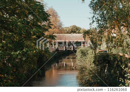 A wooden bridge in the park with and autumn colors of Bietigheim-Bissingen, Germany. Europe. Autumn landscape in nature. Autumn colors in the forest. autumn view with wooden bridge over stream in the A wooden bridge in the park with and autumn colors of Bietigheim-Bissingen, Germany. Europe. Autumn landscape in nature. Autumn colors in the forest. autumn view with wooden bridge over stream in the 116261068