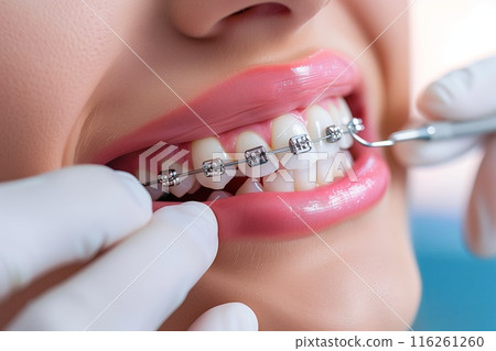 Close-up portrait of a smiling woman with orthodontic braces 116261260