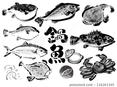 A collection of hand-drawn fish suitable for hotpots. A set of Japanese-style hand-drawn fish, facing right 116261305