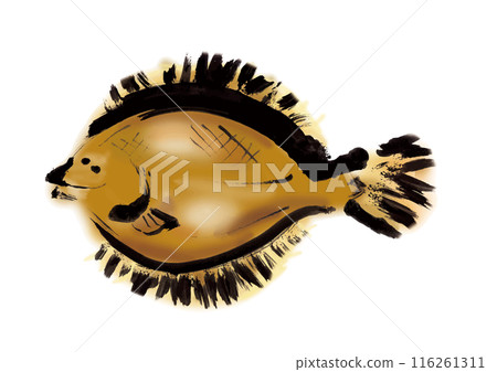 Hand-drawn Japanese-style brush illustration of a flounder fish, facing right 116261311