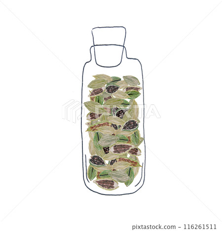 Cardamom pods in a jar watercolor art isolated on white, hand drawn in simple style for food design. Green pods with detailed texture, some open to show seeds inside. Ideal for culinary use, logo 116261511