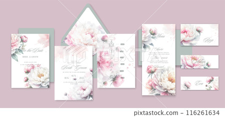 Watercolor wedding invitation template set with romantic floral flowers. Watercolor wedding invitation template set with romantic floral flowers. 116261634