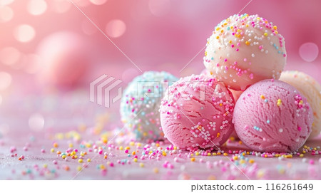 Refreshing pastel ice cream balls, pastel color background with copy space 116261649