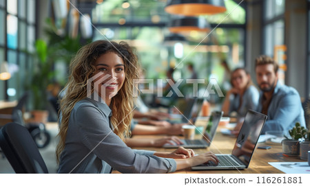 International executive business at boardroom meeting table. 116261881