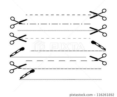 Cut here icon symbol. Cut lines with scissors. Scissors icons set. Scissors for cutting symbol. Vector 116261892