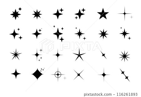 Minimalist silhouette Star icons, star shape vector set. Abstract y2k sparkles. Twinkling stars, abstract sparkle black silhouettes symbol shining burst. Vector 116261893