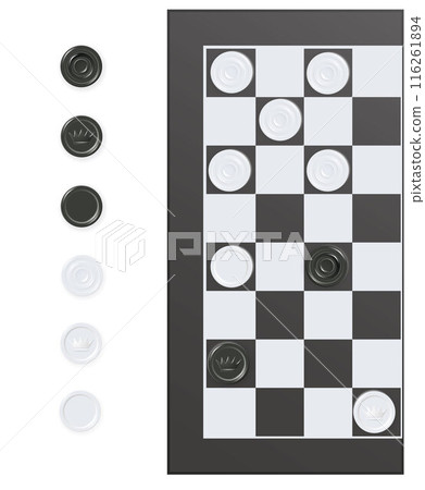 Chess boards on wooden background. Draughts, game with pieces in black and white. Vector 116261894