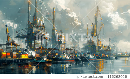 Watercolor painting of a port with cranes, ships and containers. Surrounded by flying drones. 116262026