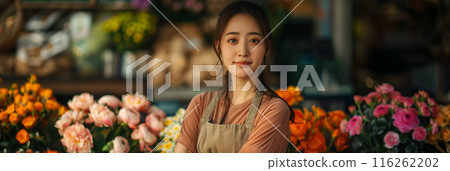 Asian woman wearing an apron confidently folds her arms over her chest in a flower shop. 116262202