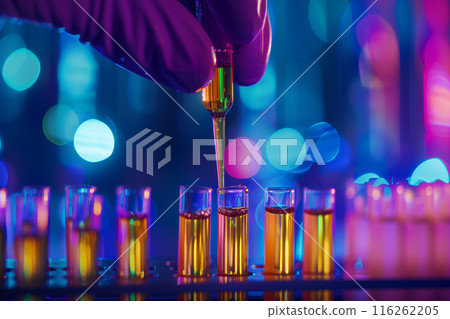 A gloved hand is holding a test tube. 116262205