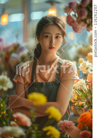 Asian woman wearing an apron confidently folds her arms over her chest in a flower shop. 116262207