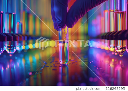 A gloved hand is holding a test tube. A gloved hand is holding a test tube. 116262295