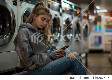Caucasian woman using cell phone on bench in laundry shop. 116262396