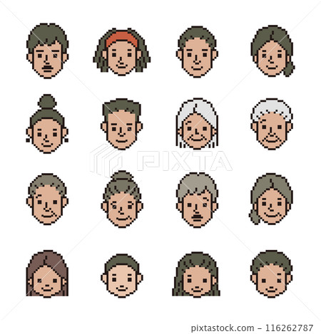Vector icon set of men and women, people of color, pixel art 116262787