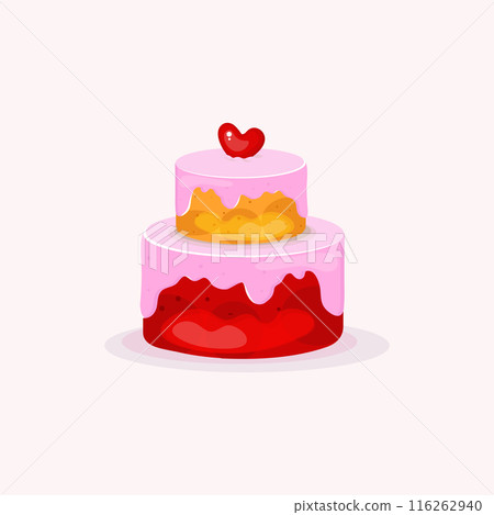 A cartoon-style cake with a cream, heart on top. Illustration for bakery shop, greeting cards, poster, banner, cover, postcard, and menu. 116262940
