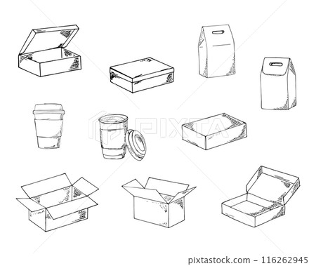 hand-drawn craft boxes and coffee cups set. Lunch bags, mail boxes, and coffee cups closed and opened. hand-drawn craft boxes and coffee cups set. Lunch bags, mail boxes, and coffee cups closed and opened. 116262945