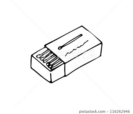 Hand-drawn matchbox with matchsticks. Wooden sticks for making bonfire. Open carton pack of wood sticks. Fire tool in a cardboard package. Hand-drawn matchbox with matchsticks. Wooden sticks for making bonfire. Open carton pack of wood sticks. Fire tool in a cardboard package. 116262946