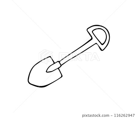 Hand-drawn shovel. Gardening tool. Isolated illustration on white. Hand-drawn shovel. Gardening tool. Isolated illustration on white. 116262947