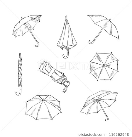 Hand-drawn open, closed, and folded umbrellas. Rainy seasonal parasols. Vector illustration on white background. Hand-drawn open, closed, and folded umbrellas. Rainy seasonal parasols. Vector illustration on white background. 116262948