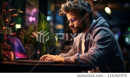 A man sits at a table and works on a laptop computer. AI generated 116262978