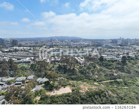 Aerial view of community condominium apartment, San Diego, California 116263184