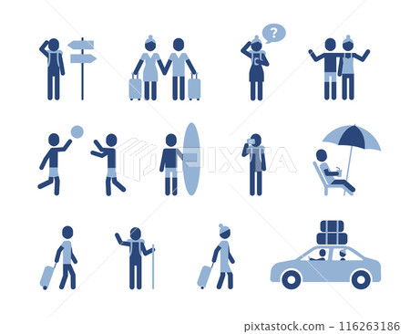 People traveling with bags and luggage. Male and female variations. Vector icon set. Editable. People traveling with bags and luggage. Male and female variations. Vector icon set. Editable. 116263186