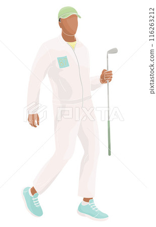 smiling golf club staff character African American male caddie with golf club 116263212
