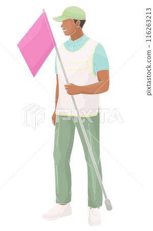 smiling golf club staff character African American male caddie with flag smiling golf club staff character African American male caddie with flag 116263213