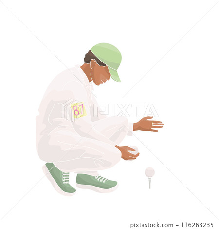 smiling golf club staff character African American male caddie with golf ball 116263235