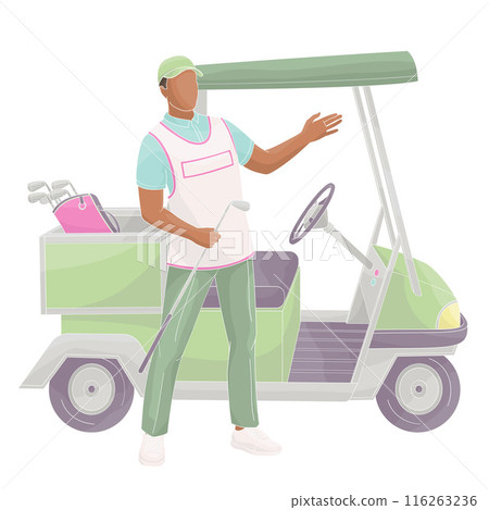 smiling golf club staff character African American male caddie with golf car buggy smiling golf club staff character African American male caddie with golf car buggy 116263236