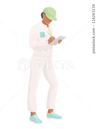 smiling golf club staff character African American female caddie with clash notebook smiling golf club staff character African American female caddie with clash notebook 116263239