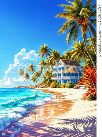 Beach scene with house and palm trees. 116263257