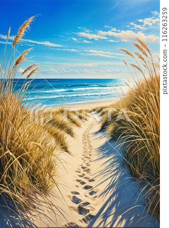 Beach with tall grass and footprints. 116263259