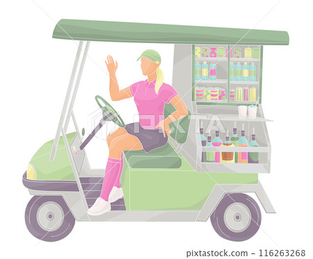 smiling golf club staff character female caddie driving a beverage golf cart smiling golf club staff character female caddie driving a beverage golf cart 116263268