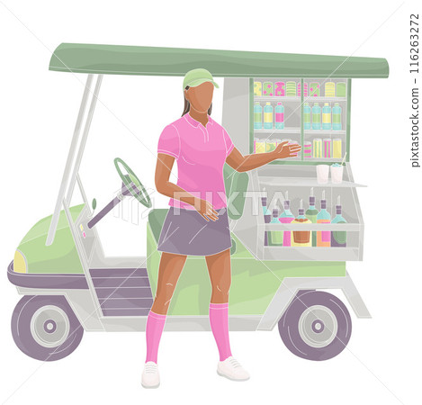 smiling golf club staff character African American female caddie with beverage golf car 116263272