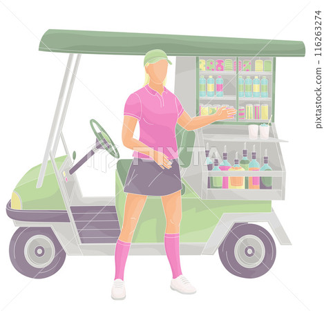 smiling golf club staff character  female caddie with beverage golf car 116263274
